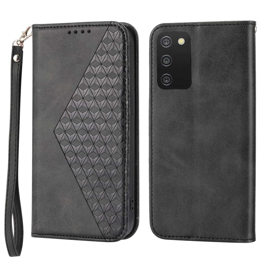 Phone Wallet Case For Samsung Galaxy A03s (164.2mm) Calf Texture PU Leather Stand Imprint Rhombus Pattern Phone Cover with Strap