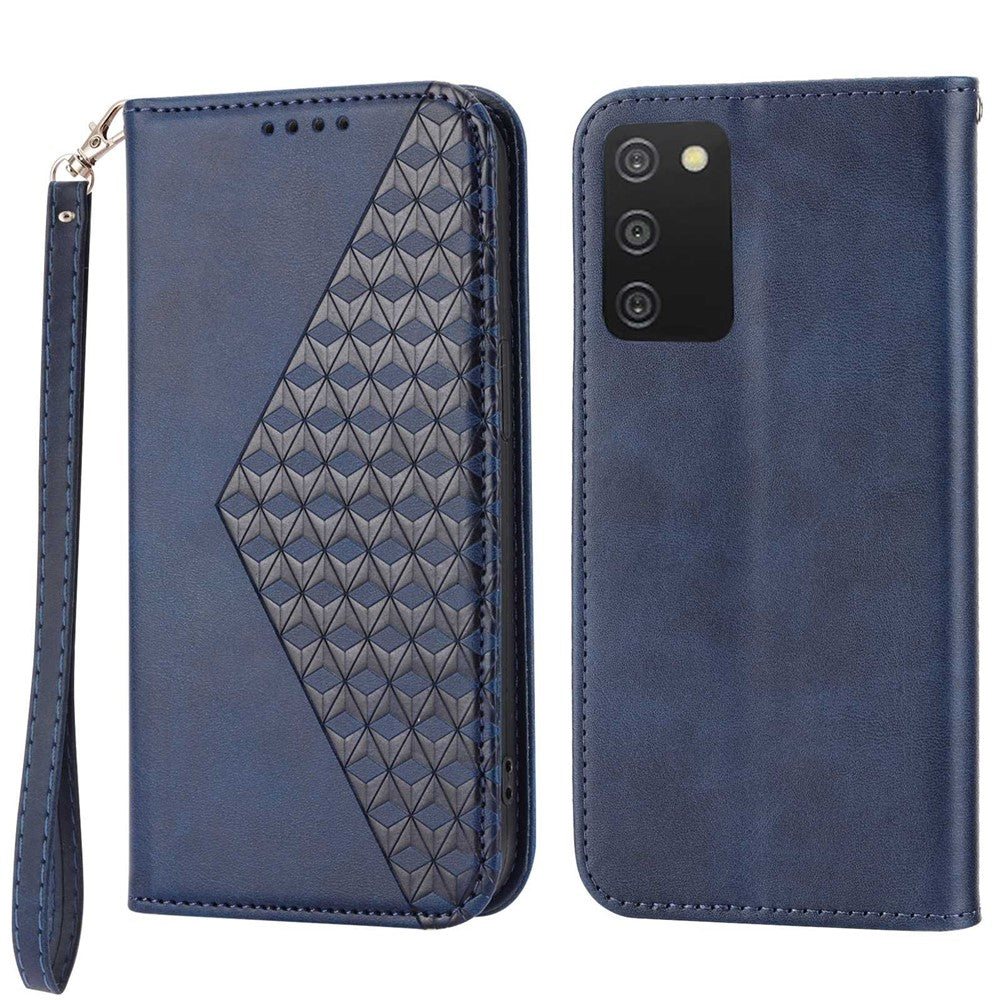 Phone Wallet Case For Samsung Galaxy A03s (164.2mm) Calf Texture PU Leather Stand Imprint Rhombus Pattern Phone Cover with Strap