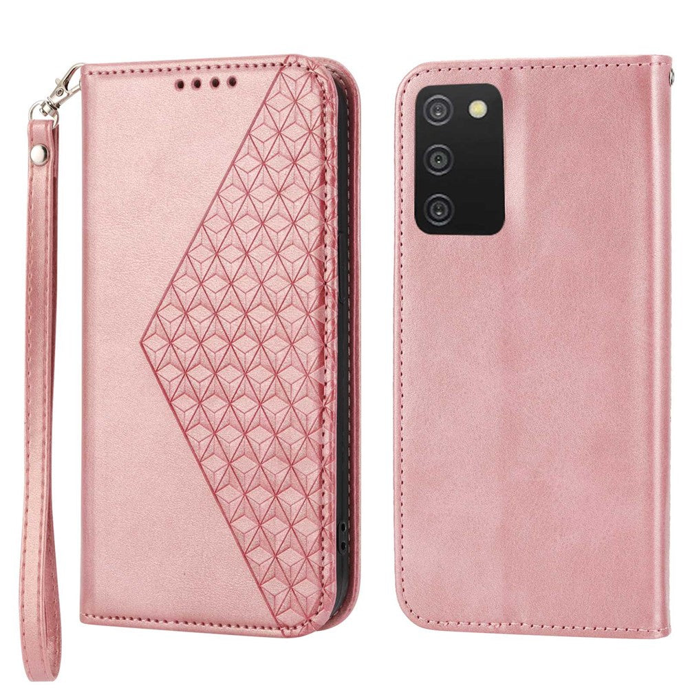 Phone Wallet Case For Samsung Galaxy A03s (164.2mm) Calf Texture PU Leather Stand Imprint Rhombus Pattern Phone Cover with Strap