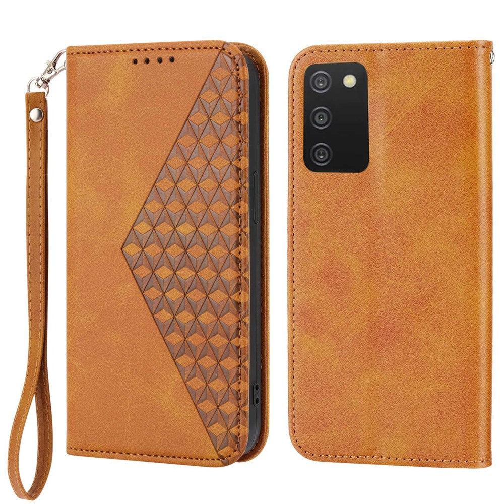 Phone Wallet Case For Samsung Galaxy A03s (164.2mm) Calf Texture PU Leather Stand Imprint Rhombus Pattern Phone Cover with Strap