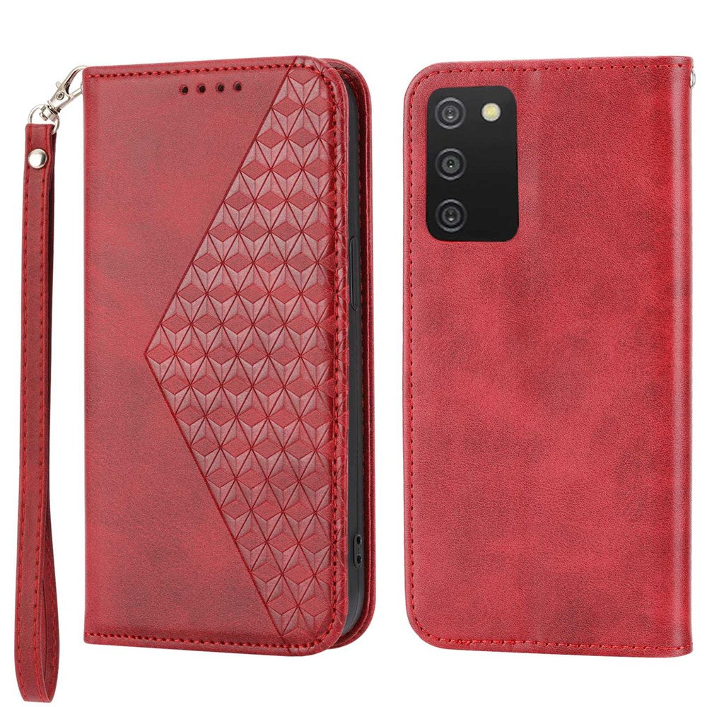 Phone Wallet Case For Samsung Galaxy A03s (164.2mm) Calf Texture PU Leather Stand Imprint Rhombus Pattern Phone Cover with Strap