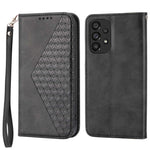 For Samsung Galaxy A33 5G Calf Texture PU Leather Magnetic Auto-absorbed Phone Case Imprinted Rhombus Pattern Wallet Stand Cover with Strap