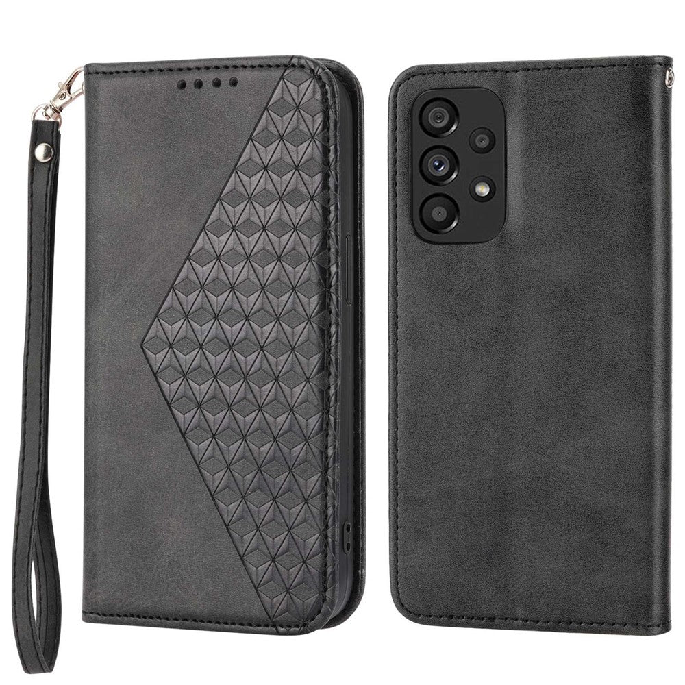 For Samsung Galaxy A33 5G Calf Texture PU Leather Magnetic Auto-absorbed Phone Case Imprinted Rhombus Pattern Wallet Stand Cover with Strap