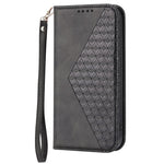 For Samsung Galaxy A33 5G Calf Texture PU Leather Magnetic Auto-absorbed Phone Case Imprinted Rhombus Pattern Wallet Stand Cover with Strap