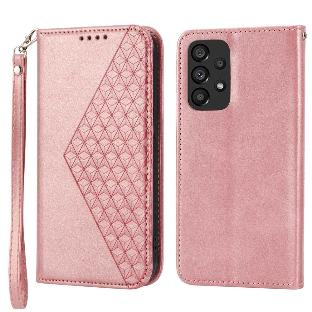 For Samsung Galaxy A33 5G Calf Texture PU Leather Magnetic Auto-absorbed Phone Case Imprinted Rhombus Pattern Wallet Stand Cover with Strap