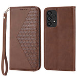 For Samsung Galaxy A33 5G Calf Texture PU Leather Magnetic Auto-absorbed Phone Case Imprinted Rhombus Pattern Wallet Stand Cover with Strap