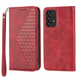 For Samsung Galaxy A33 5G Calf Texture PU Leather Magnetic Auto-absorbed Phone Case Imprinted Rhombus Pattern Wallet Stand Cover with Strap