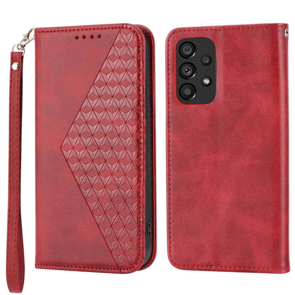 For Samsung Galaxy A33 5G Calf Texture PU Leather Magnetic Auto-absorbed Phone Case Imprinted Rhombus Pattern Wallet Stand Cover with Strap
