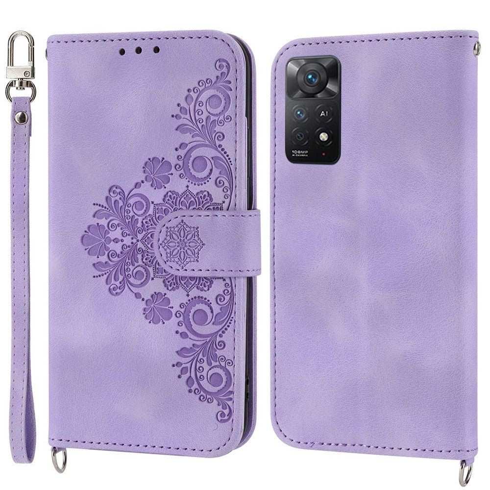 For Xiaomi Redmi Note 12 Pro 4G / 11 Pro 4G (MediaTek) / Note 11 Pro 5G (Qualcomm) Imprinted Flowers Wallet Phone Case Skin-touch PU Leather Stand Cover with Wrist Strap and Shoulder Strap