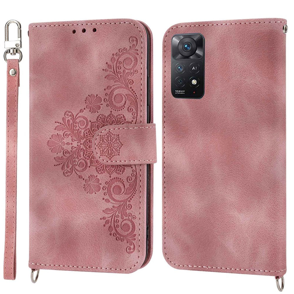 For Xiaomi Redmi Note 12 Pro 4G / 11 Pro 4G (MediaTek) / Note 11 Pro 5G (Qualcomm) Imprinted Flowers Wallet Phone Case Skin-touch PU Leather Stand Cover with Wrist Strap and Shoulder Strap