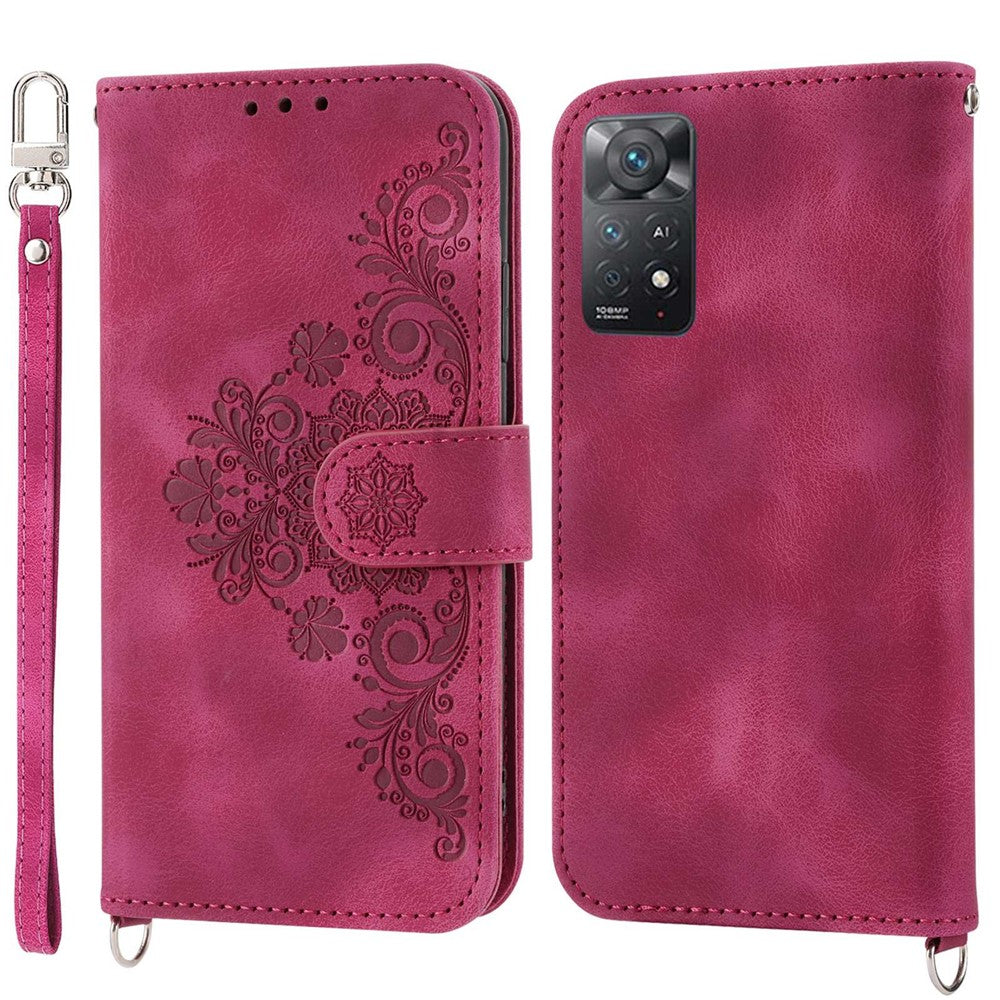 For Xiaomi Redmi Note 12 Pro 4G / 11 Pro 4G (MediaTek) / Note 11 Pro 5G (Qualcomm) Imprinted Flowers Wallet Phone Case Skin-touch PU Leather Stand Cover with Wrist Strap and Shoulder Strap