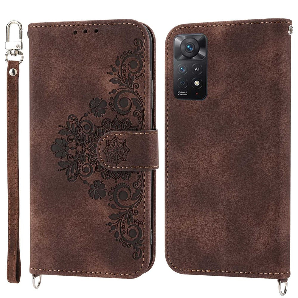 For Xiaomi Redmi Note 12 Pro 4G / 11 Pro 4G (MediaTek) / Note 11 Pro 5G (Qualcomm) Imprinted Flowers Wallet Phone Case Skin-touch PU Leather Stand Cover with Wrist Strap and Shoulder Strap