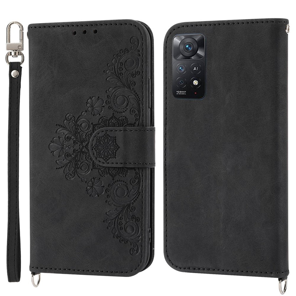 For Xiaomi Redmi Note 12 Pro 4G / 11 Pro 4G (MediaTek) / Note 11 Pro 5G (Qualcomm) Imprinted Flowers Wallet Phone Case Skin-touch PU Leather Stand Cover with Wrist Strap and Shoulder Strap