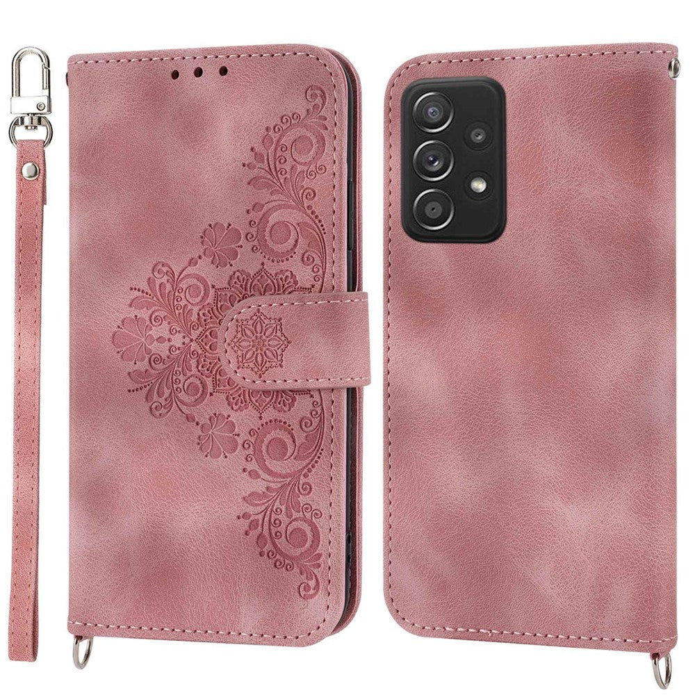 Skin-touch Imprinted Flowers Multiple Card Slots Leather Case for Samsung Galaxy A73 5G, Stand Wallet Phone Cover with Wrist Strap and Shoulder Strap