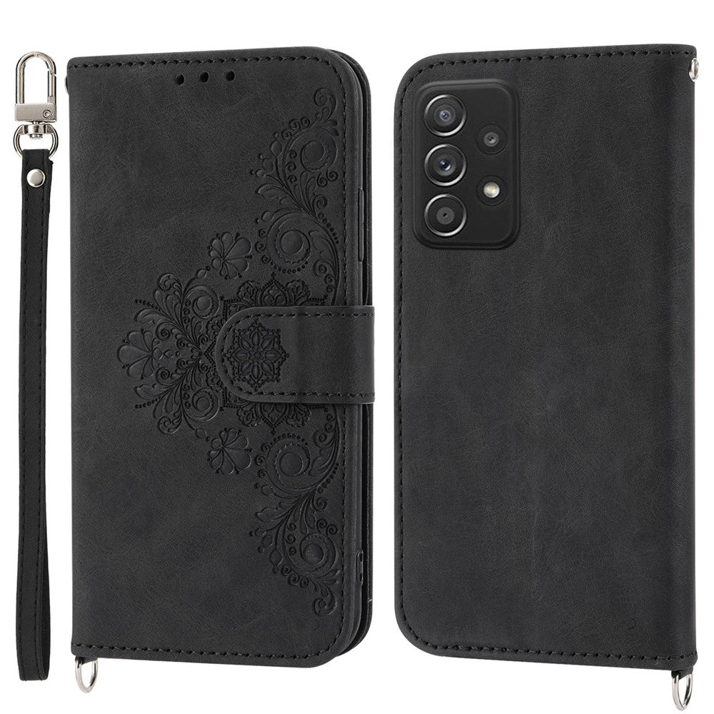 Skin-touch Imprinted Flowers Multiple Card Slots Leather Case for Samsung Galaxy A73 5G, Stand Wallet Phone Cover with Wrist Strap and Shoulder Strap