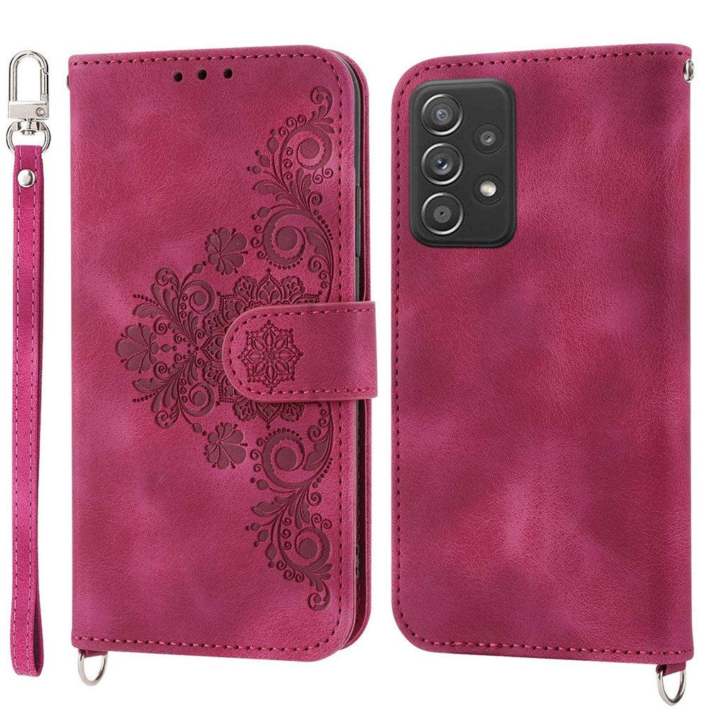 For Samsung Galaxy A33 5G Wallet Design Skin-touch Imprinted Flowers Pattern Leather Case Stand Phone Cover with Wrist Strap and Shoulder Strap
