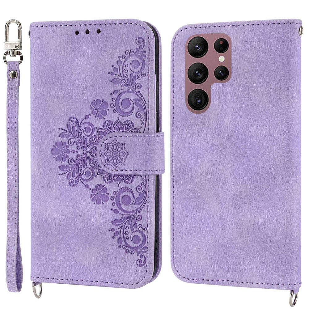 Multiple Card Slots Phone Case For Samsung Galaxy S22 Ultra 5G, Imprinted Flowers PU Leather Flip Stand Skin-touch Cell Phone Cover with Wrist and Shoulder Strap