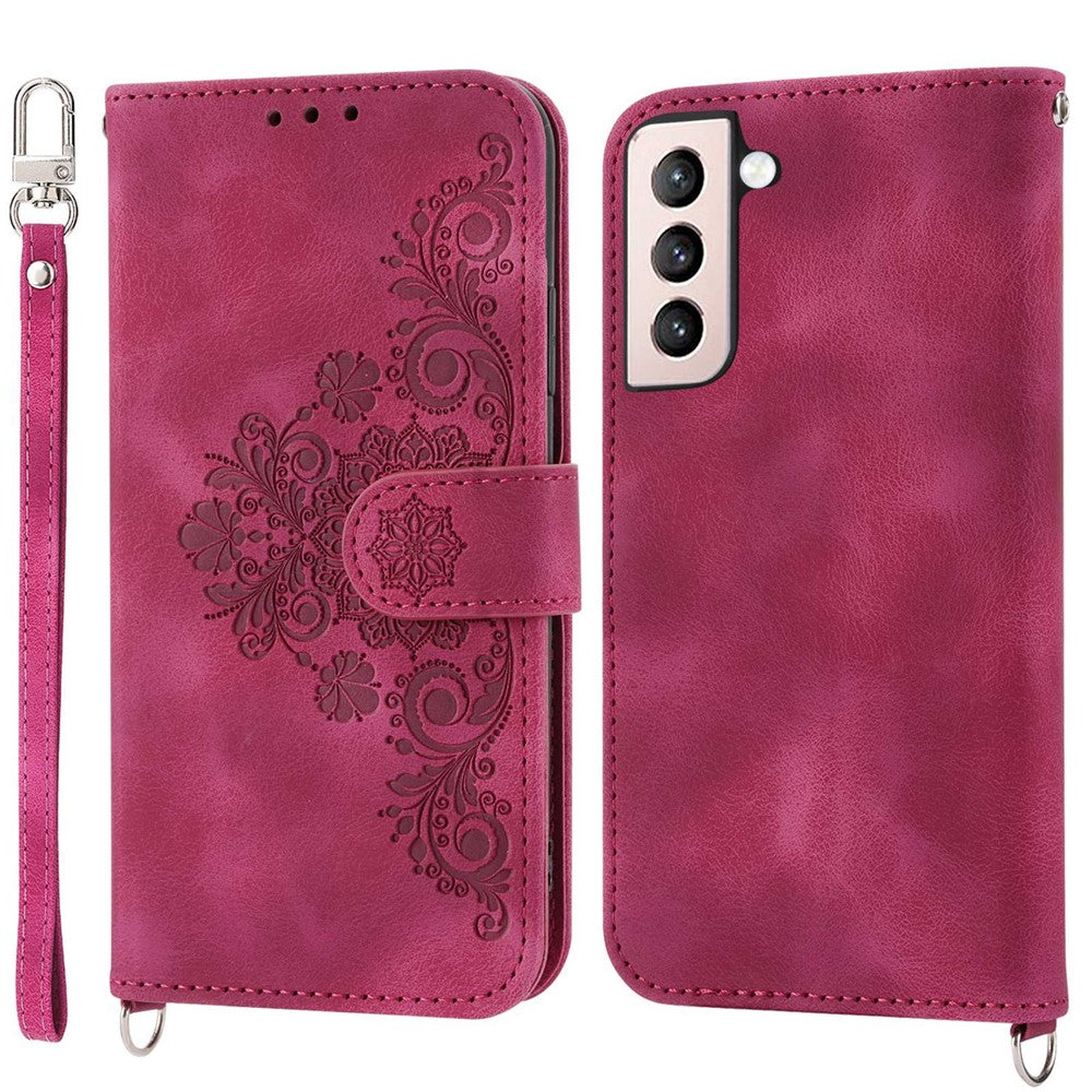 Samsung Galaxy S22+ 5G Präglade blommor Stötsäkert Flip Läder Mobilskal Stativ Flera Kortfatt Skin-touch Fodral med Handledsrem och Axelrem