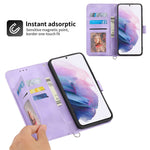 For Samsung Galaxy S22 5G Skin-friendly Imprinted Flowers PU Leather Phone Case Stand Multiple Card Slots Protective Phone Cover with Wrist Strap and Shoulder Strap