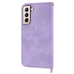 For Samsung Galaxy S22 5G Skin-friendly Imprinted Flowers PU Leather Phone Case Stand Multiple Card Slots Protective Phone Cover with Wrist Strap and Shoulder Strap