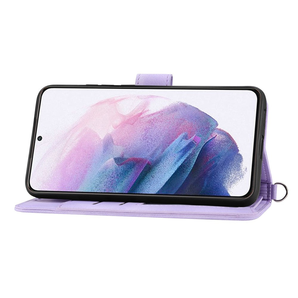 For Samsung Galaxy S22 5G Skin-friendly Imprinted Flowers PU Leather Phone Case Stand Multiple Card Slots Protective Phone Cover with Wrist Strap and Shoulder Strap