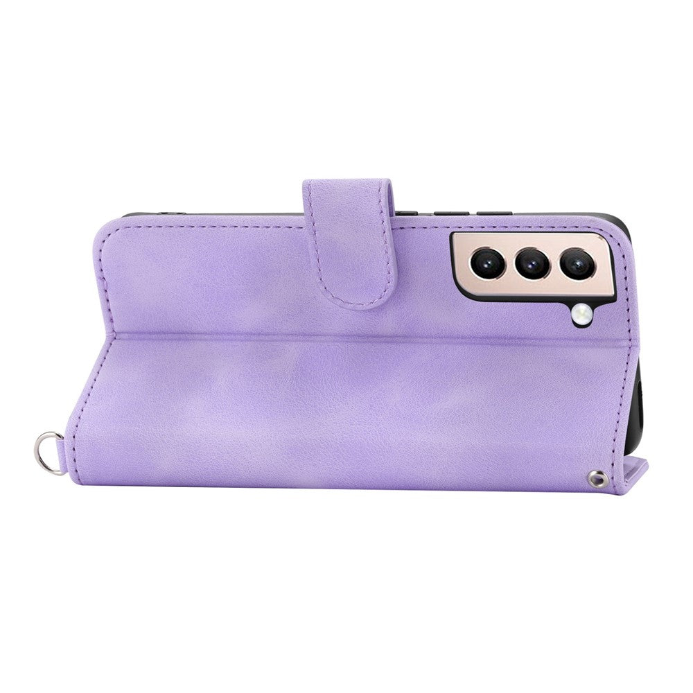 For Samsung Galaxy S22 5G Skin-friendly Imprinted Flowers PU Leather Phone Case Stand Multiple Card Slots Protective Phone Cover with Wrist Strap and Shoulder Strap