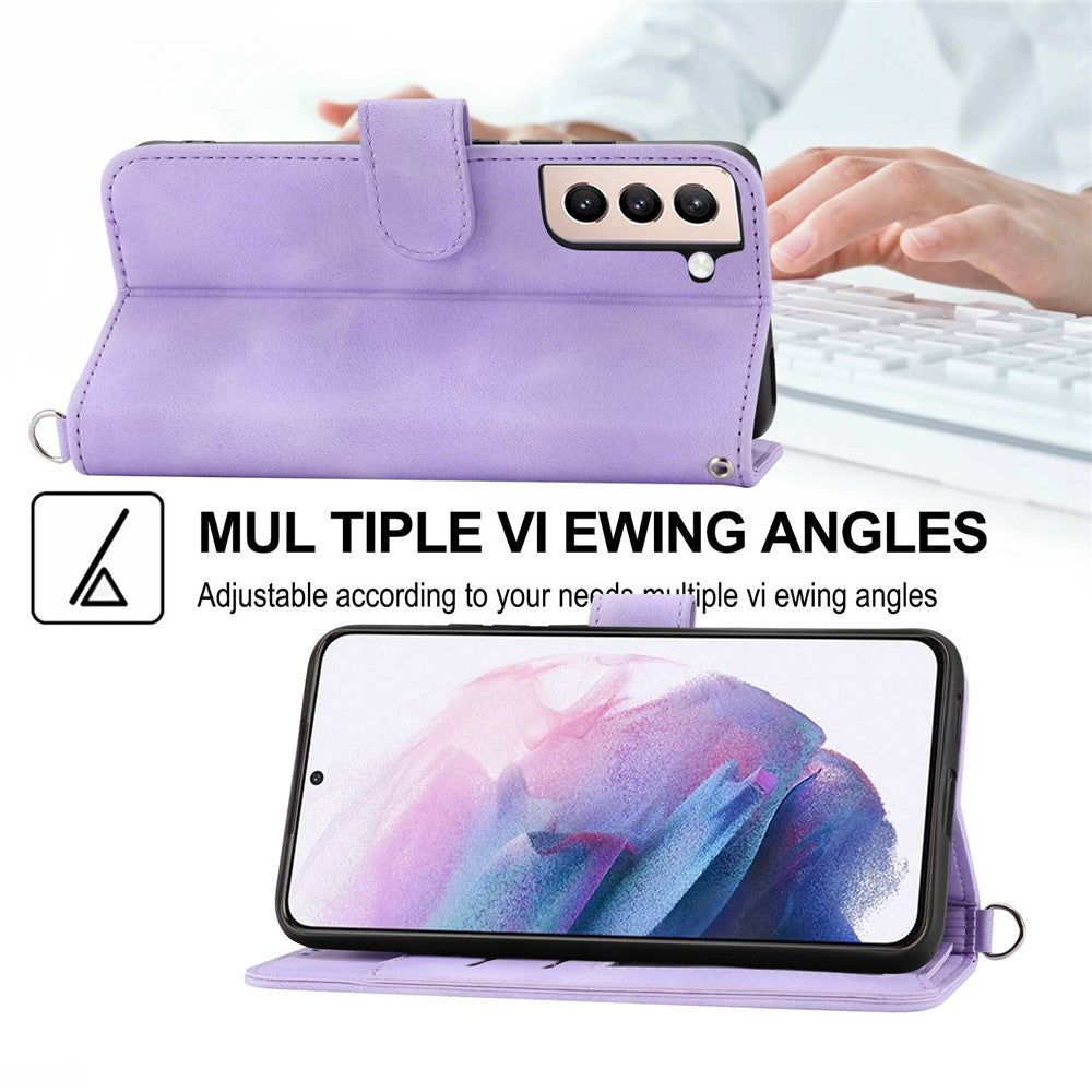 For Samsung Galaxy S22 5G Skin-friendly Imprinted Flowers PU Leather Phone Case Stand Multiple Card Slots Protective Phone Cover with Wrist Strap and Shoulder Strap