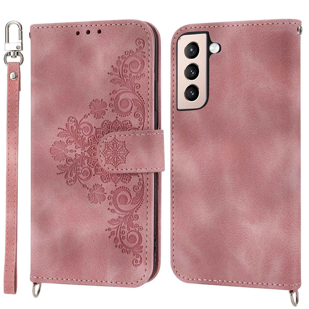 For Samsung Galaxy S22 5G Skin-friendly Imprinted Flowers PU Leather Phone Case Stand Multiple Card Slots Protective Phone Cover with Wrist Strap and Shoulder Strap
