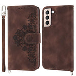 For Samsung Galaxy S22 5G Skin-friendly Imprinted Flowers PU Leather Phone Case Stand Multiple Card Slots Protective Phone Cover with Wrist Strap and Shoulder Strap