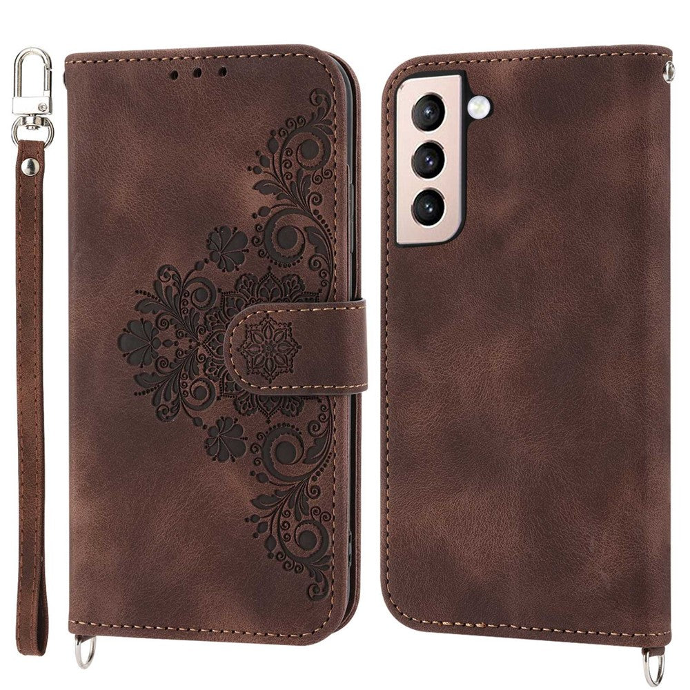 For Samsung Galaxy S22 5G Skin-friendly Imprinted Flowers PU Leather Phone Case Stand Multiple Card Slots Protective Phone Cover with Wrist Strap and Shoulder Strap