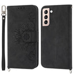 For Samsung Galaxy S22 5G Skin-friendly Imprinted Flowers PU Leather Phone Case Stand Multiple Card Slots Protective Phone Cover with Wrist Strap and Shoulder Strap