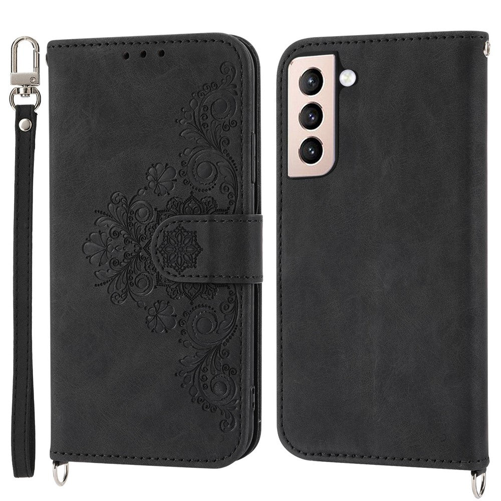 For Samsung Galaxy S22 5G Skin-friendly Imprinted Flowers PU Leather Phone Case Stand Multiple Card Slots Protective Phone Cover with Wrist Strap and Shoulder Strap