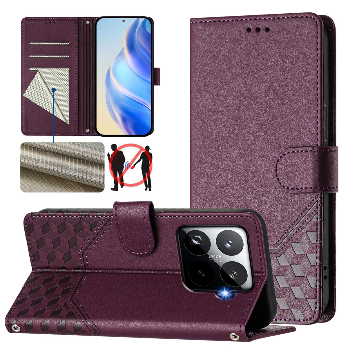 For Xiaomi 15T Pro Case Imprinted Honeycomb RFID Blocking Leather Phone Cover with Strap