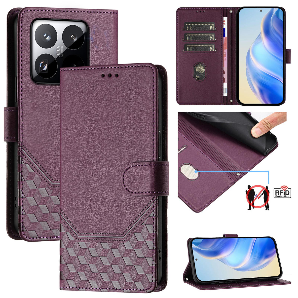 For Xiaomi 15T Case Imprinted Honeycomb RFID Blocking Leather Phone Cover with Strap