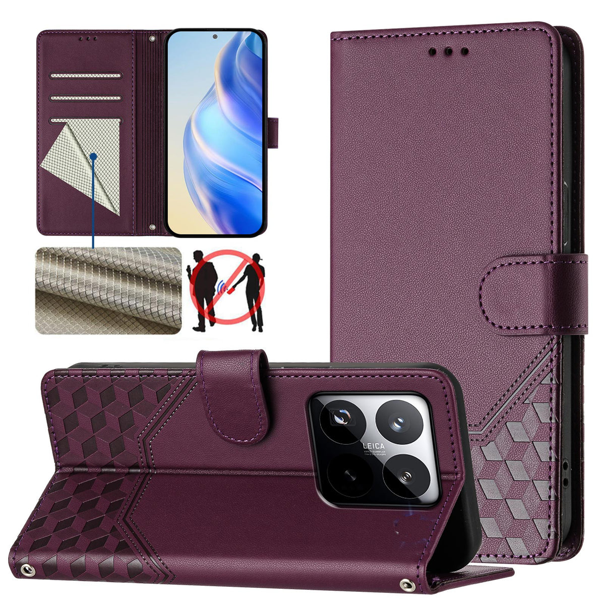 For Xiaomi 15T Case Imprinted Honeycomb RFID Blocking Leather Phone Cover with Strap