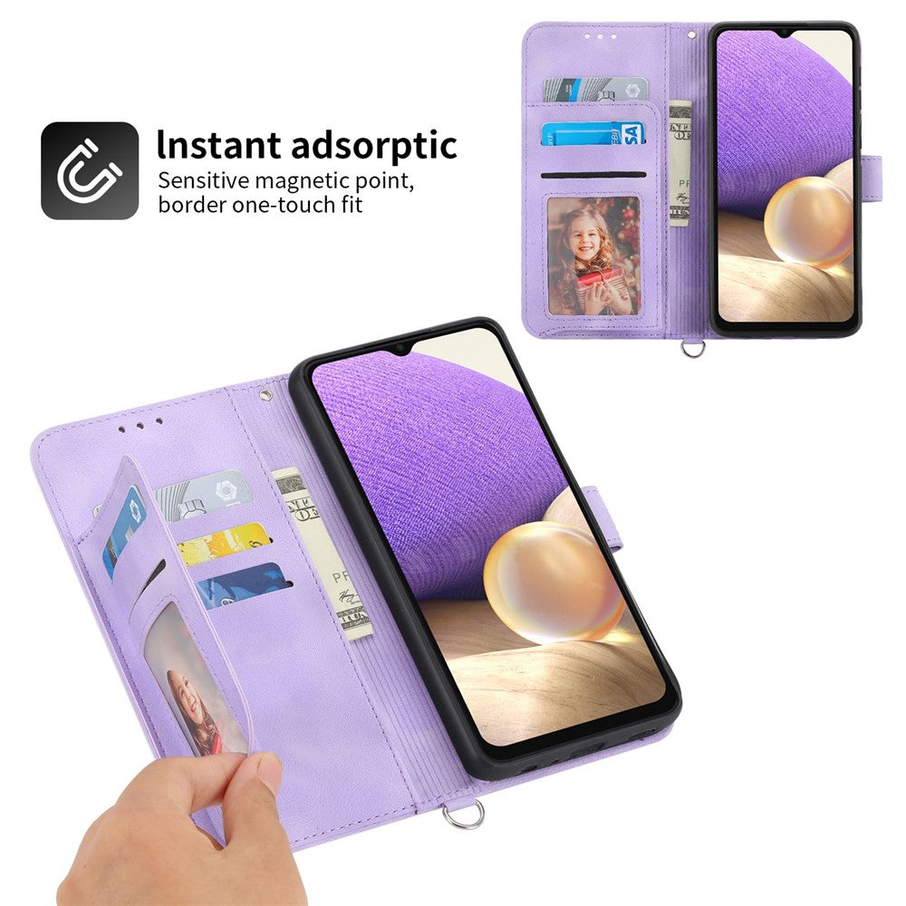 Drop-proof Phone Case for Samsung Galaxy A32 4G (EU Version), Skin-touch Imprinted Flowers Pattern Multiple Card Slots Stand Wallet Phone Cover with Wrist and Shoulder Straps