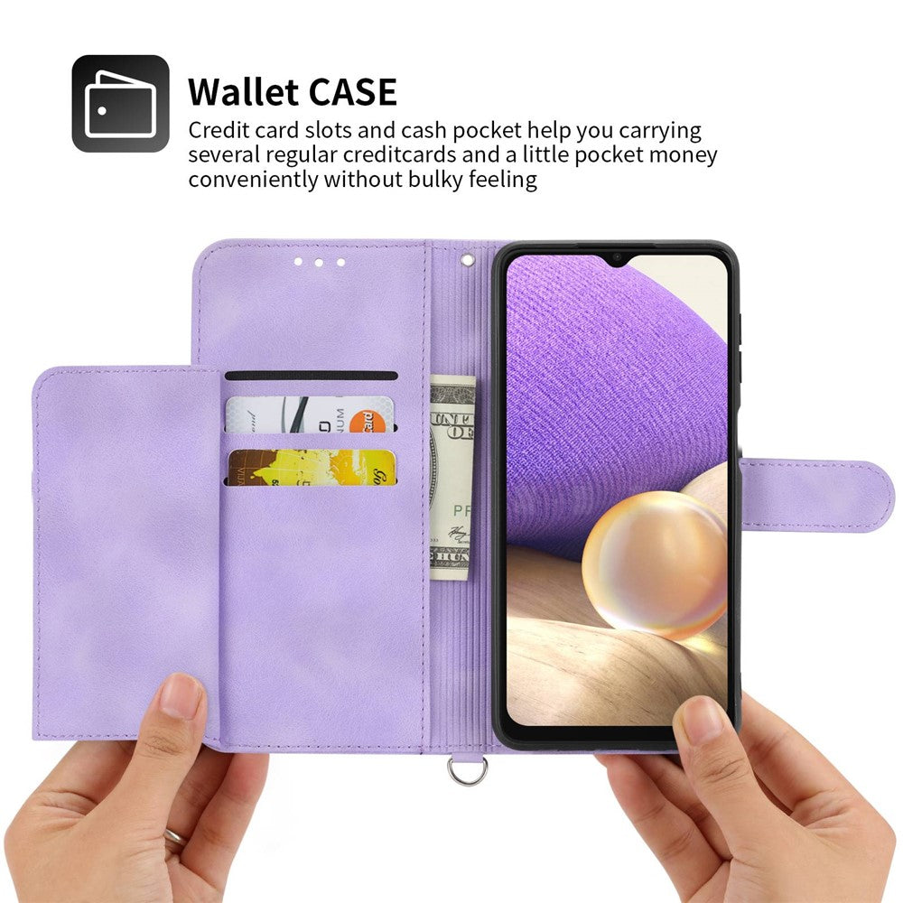 Drop-proof Phone Case for Samsung Galaxy A32 4G (EU Version), Skin-touch Imprinted Flowers Pattern Multiple Card Slots Stand Wallet Phone Cover with Wrist and Shoulder Straps