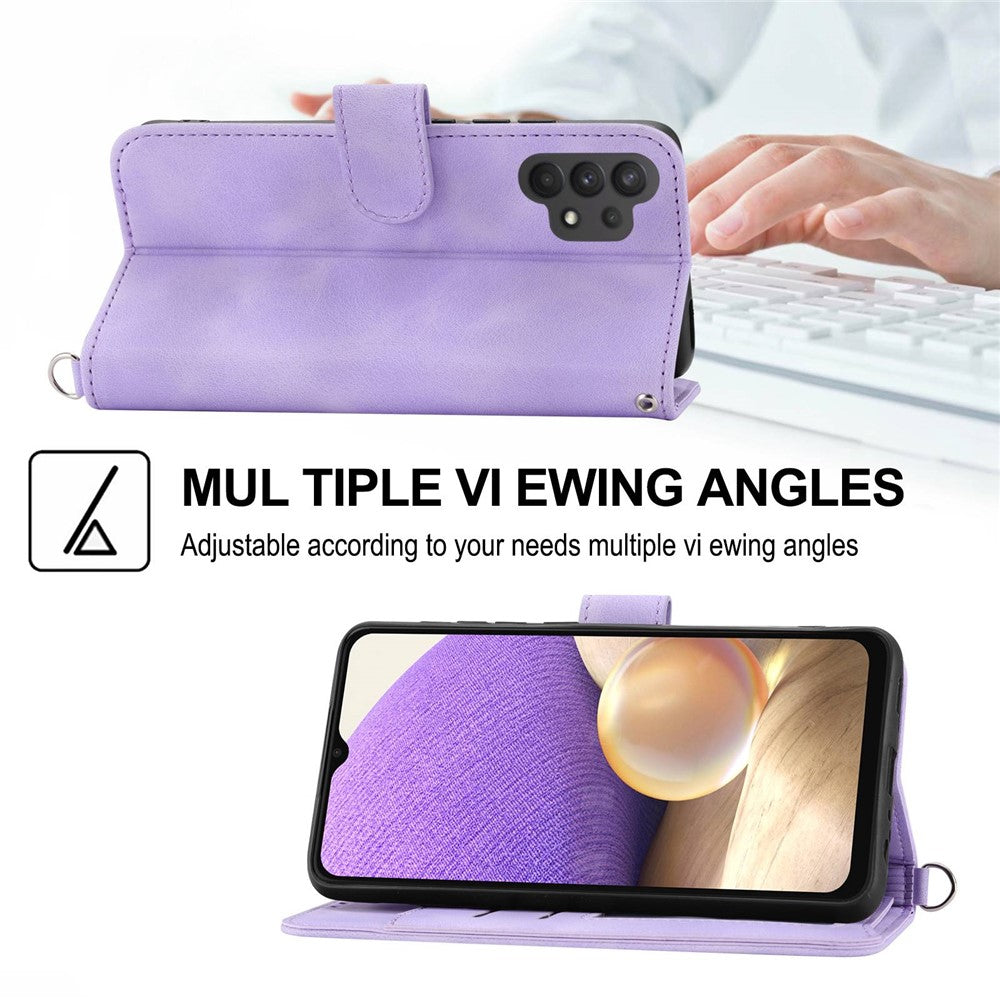 Drop-proof Phone Case for Samsung Galaxy A32 4G (EU Version), Skin-touch Imprinted Flowers Pattern Multiple Card Slots Stand Wallet Phone Cover with Wrist and Shoulder Straps