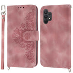 Drop-proof Phone Case for Samsung Galaxy A32 4G (EU Version), Skin-touch Imprinted Flowers Pattern Multiple Card Slots Stand Wallet Phone Cover with Wrist and Shoulder Straps