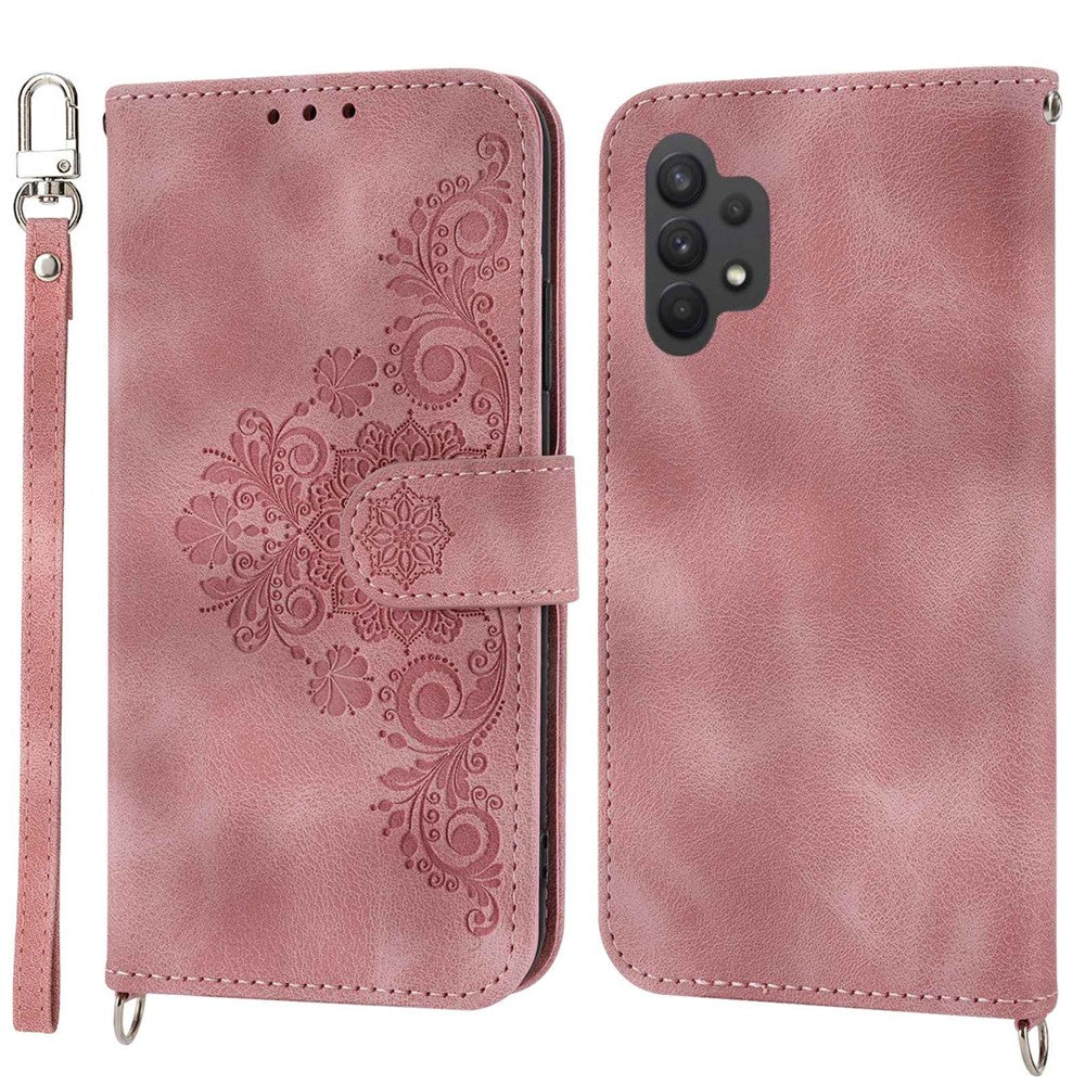 Drop-proof Phone Case for Samsung Galaxy A32 4G (EU Version), Skin-touch Imprinted Flowers Pattern Multiple Card Slots Stand Wallet Phone Cover with Wrist and Shoulder Straps