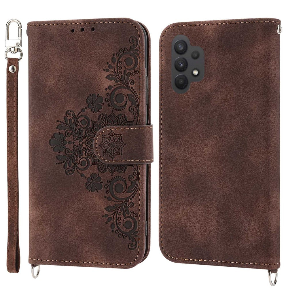 Drop-proof Phone Case for Samsung Galaxy A32 4G (EU Version), Skin-touch Imprinted Flowers Pattern Multiple Card Slots Stand Wallet Phone Cover with Wrist and Shoulder Straps