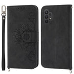 Drop-proof Phone Case for Samsung Galaxy A32 4G (EU Version), Skin-touch Imprinted Flowers Pattern Multiple Card Slots Stand Wallet Phone Cover with Wrist and Shoulder Straps