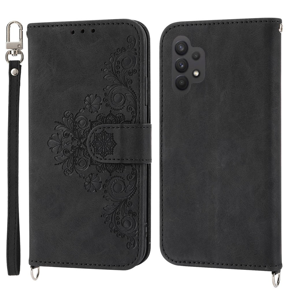 Drop-proof Phone Case for Samsung Galaxy A32 4G (EU Version), Skin-touch Imprinted Flowers Pattern Multiple Card Slots Stand Wallet Phone Cover with Wrist and Shoulder Straps