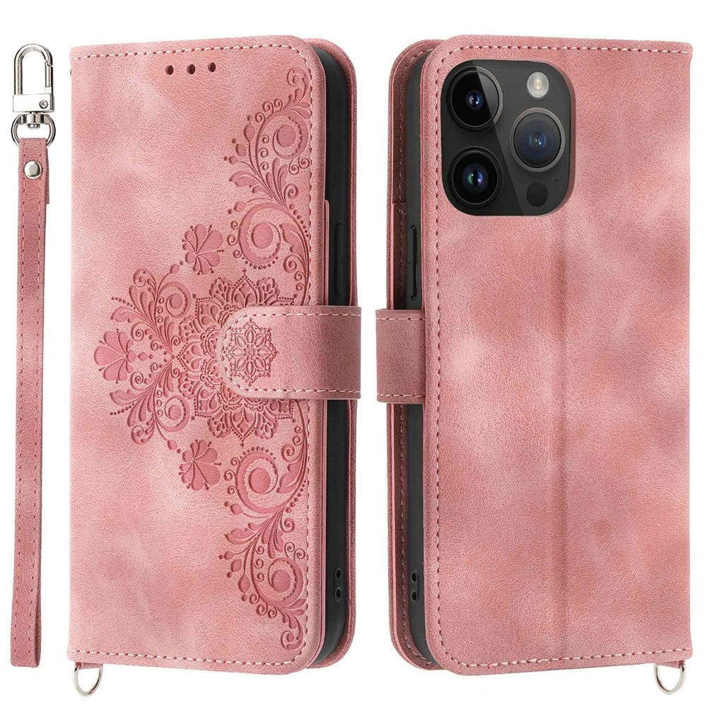For iPhone 13 Pro Max 6.7 inch Imprinted Flowers Wallet Case Skin-touch PU Leather Handbag Flip Stand Phone Cover with Wrist Strap and Shoulder Strap