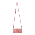 For iPhone 13 Pro Max 6.7 inch Imprinted Flowers Wallet Case Skin-touch PU Leather Handbag Flip Stand Phone Cover with Wrist Strap and Shoulder Strap