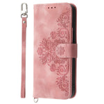 For iPhone 13 Pro Max 6.7 inch Imprinted Flowers Wallet Case Skin-touch PU Leather Handbag Flip Stand Phone Cover with Wrist Strap and Shoulder Strap