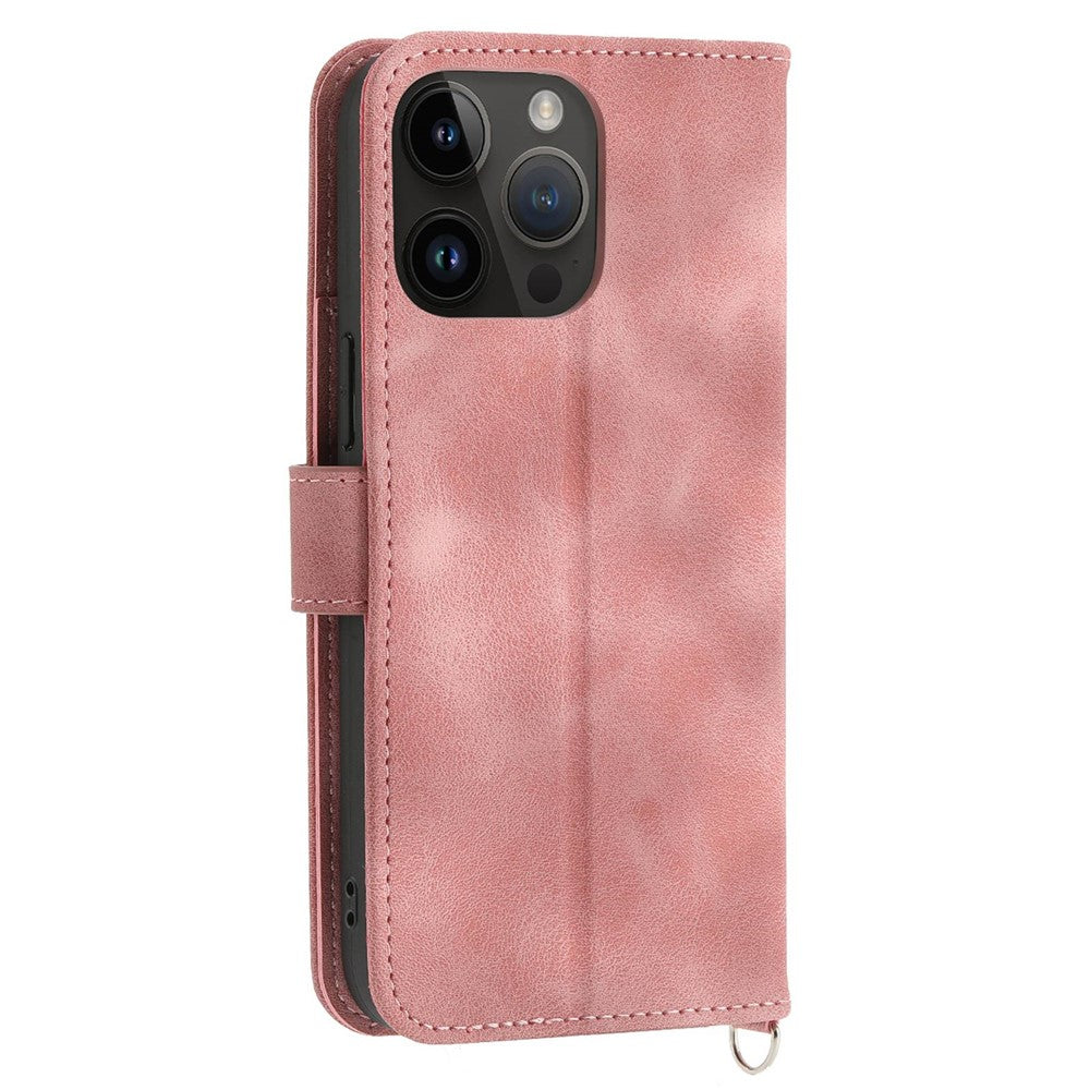 For iPhone 13 Pro Max 6.7 inch Imprinted Flowers Wallet Case Skin-touch PU Leather Handbag Flip Stand Phone Cover with Wrist Strap and Shoulder Strap