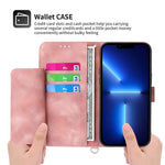 For iPhone 13 Pro Max 6.7 inch Imprinted Flowers Wallet Case Skin-touch PU Leather Handbag Flip Stand Phone Cover with Wrist Strap and Shoulder Strap