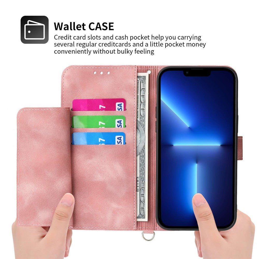 For iPhone 13 Pro Max 6.7 inch Imprinted Flowers Wallet Case Skin-touch PU Leather Handbag Flip Stand Phone Cover with Wrist Strap and Shoulder Strap