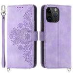 For iPhone 13 Pro Max 6.7 inch Imprinted Flowers Wallet Case Skin-touch PU Leather Handbag Flip Stand Phone Cover with Wrist Strap and Shoulder Strap